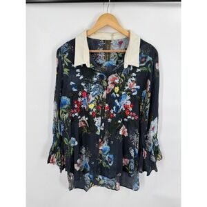 Aratta Silent Journey Floral Embroidered Button Down Top Velvet Womens L 3D Boho